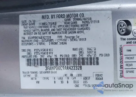 2010 Ford Fusion Sport из США, поврежденный, VIN 3FAHP0KC9AR422328